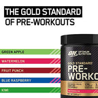 Optimum Nutrition Gold Standard Pre-Workout container with various flavors showing pre-workout powder