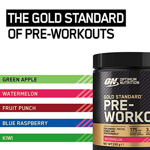 Optimum Nutrition Gold Standard Pre-Workout container with various flavors showing pre-workout powder