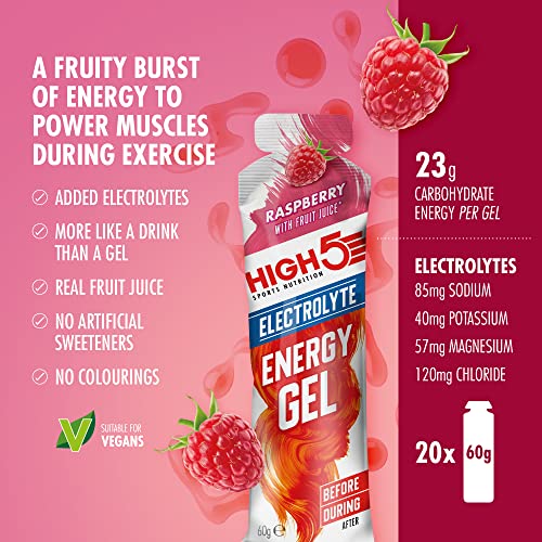 Raspberry-flavored High5 Energy Gel Electrolyte with 23g carbs for multi-carbohydrate energy