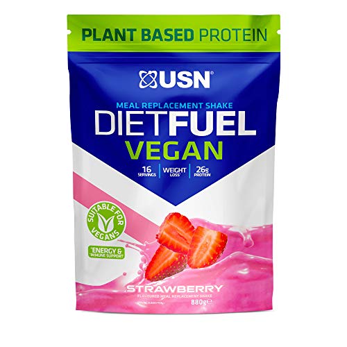 Strawberry-flavored USN Diet Fuel Vegan meal replacement shake for vegan dieting