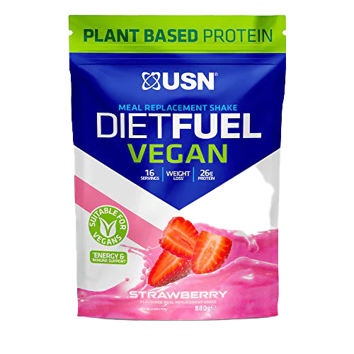 USN Diet Fuel Vegan strawberry-flavored vegan meal replacement shake powder
