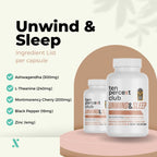 Two Unwind & Sleep bottles with ingredient list, featuring powerful nootropic blend and adaptogenic mushrooms for restorative sleep