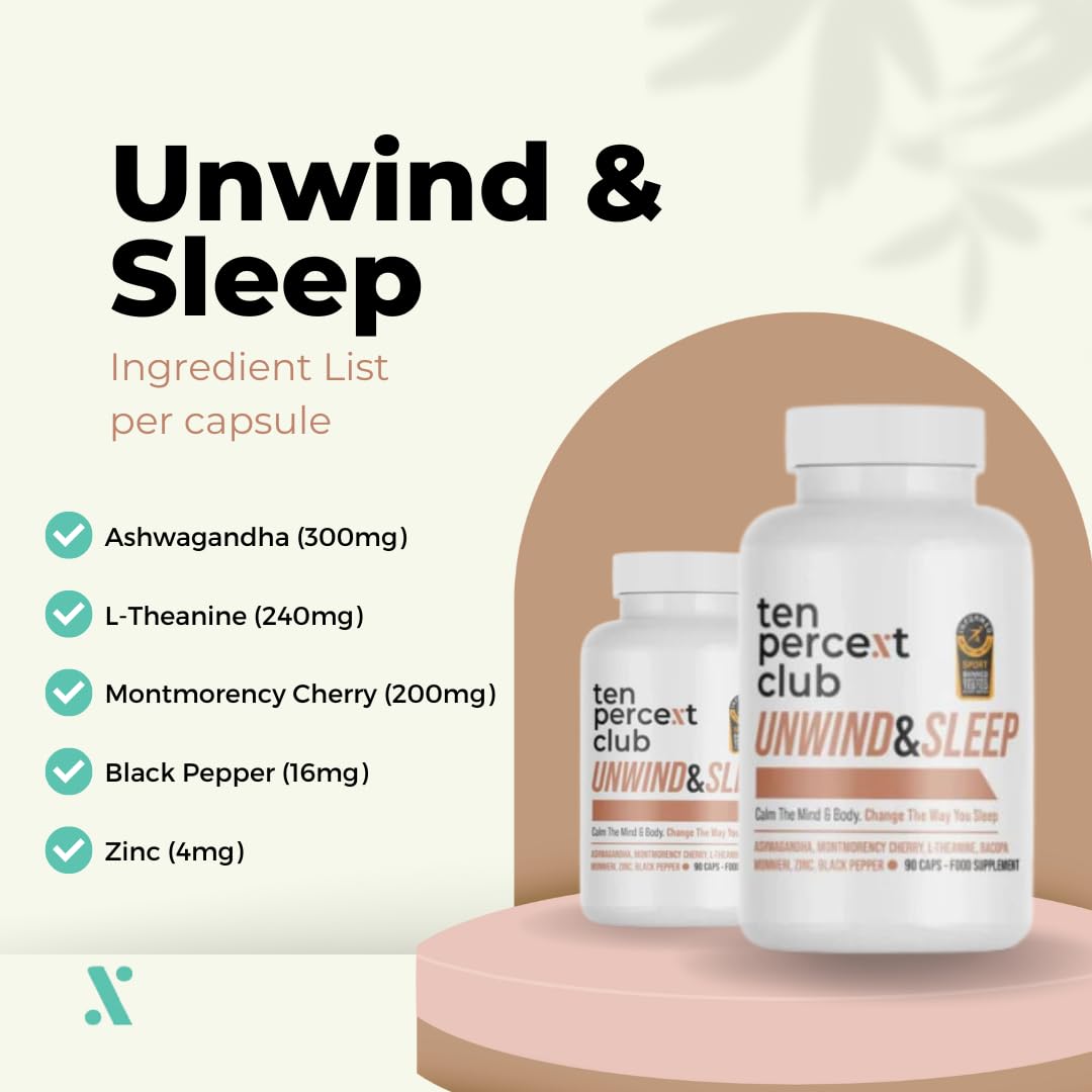 Two Unwind & Sleep bottles with ingredient list, featuring powerful nootropic blend and adaptogenic mushrooms for restorative sleep