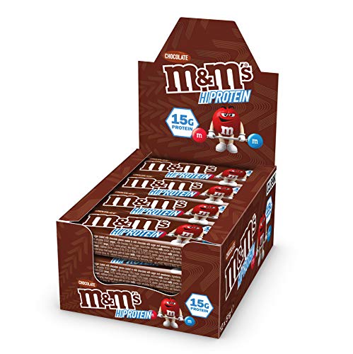 Retail display box of M&M Hi-Protein Bar chocolate bars showcasing M&M Hi-Protein flavor