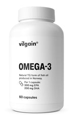 White bottle of Vilgain Omega 3 fish oil capsules made from wild anchovies for heart health