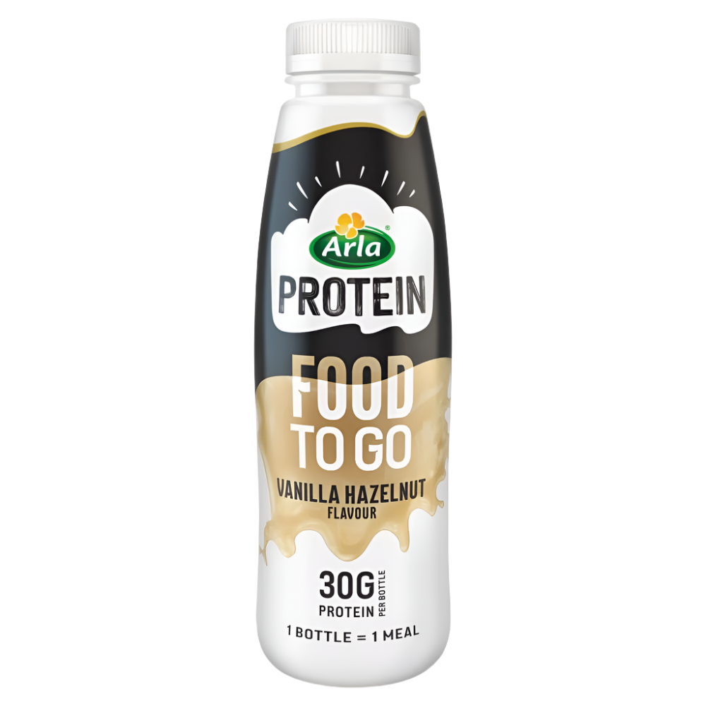 Arla Protein Food To Go vanilla hazelnut shake in black and white bottle, perfect meal replacement