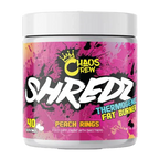 Chaos Crew Shredz thermogenic fat burner jar with peach rings flavor for improved hydration and muscle pumps