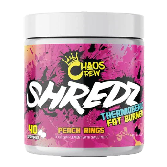 Chaos Crew Shredz thermogenic fat burner jar with peach rings flavor for improved hydration and muscle pumps