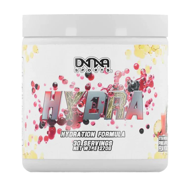 White tub of DNA Sports Hydra hydration formula with fruit imagery for sports hydra recovery