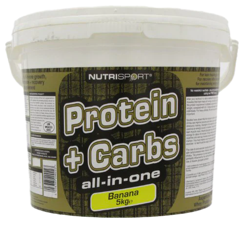 White plastic tub of NutriSport Protein + Carbs banana flavored 5kg for post exercise muscle glycogen