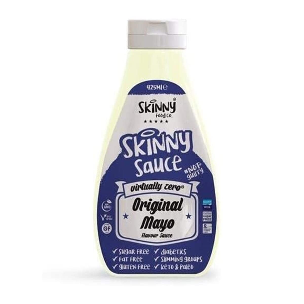 A bottle of The Skinny Food Co Skinny Sauce, low-calorie sugar-free fat-free gluten-free keto paleo virtually zero sauce