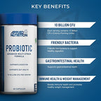 Applied Nutrition Probiotic bottle with key benefits, featuring billion CFU probiotic strains