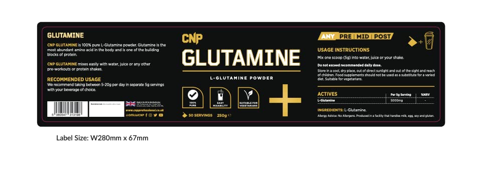 CNP Glutamine supplement label with black and gold design for muscle recovery
