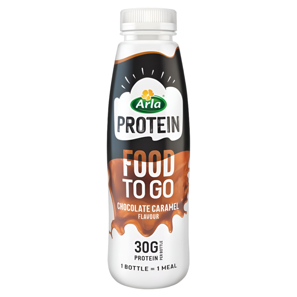 Arla Protein Food To Go caramel flavor meal replacement shake in white bottle