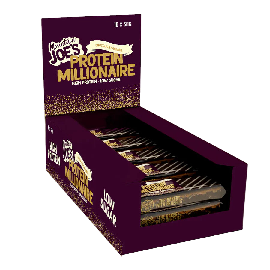 Box of Mountain Joe's Protein Millionaire bars on a white background