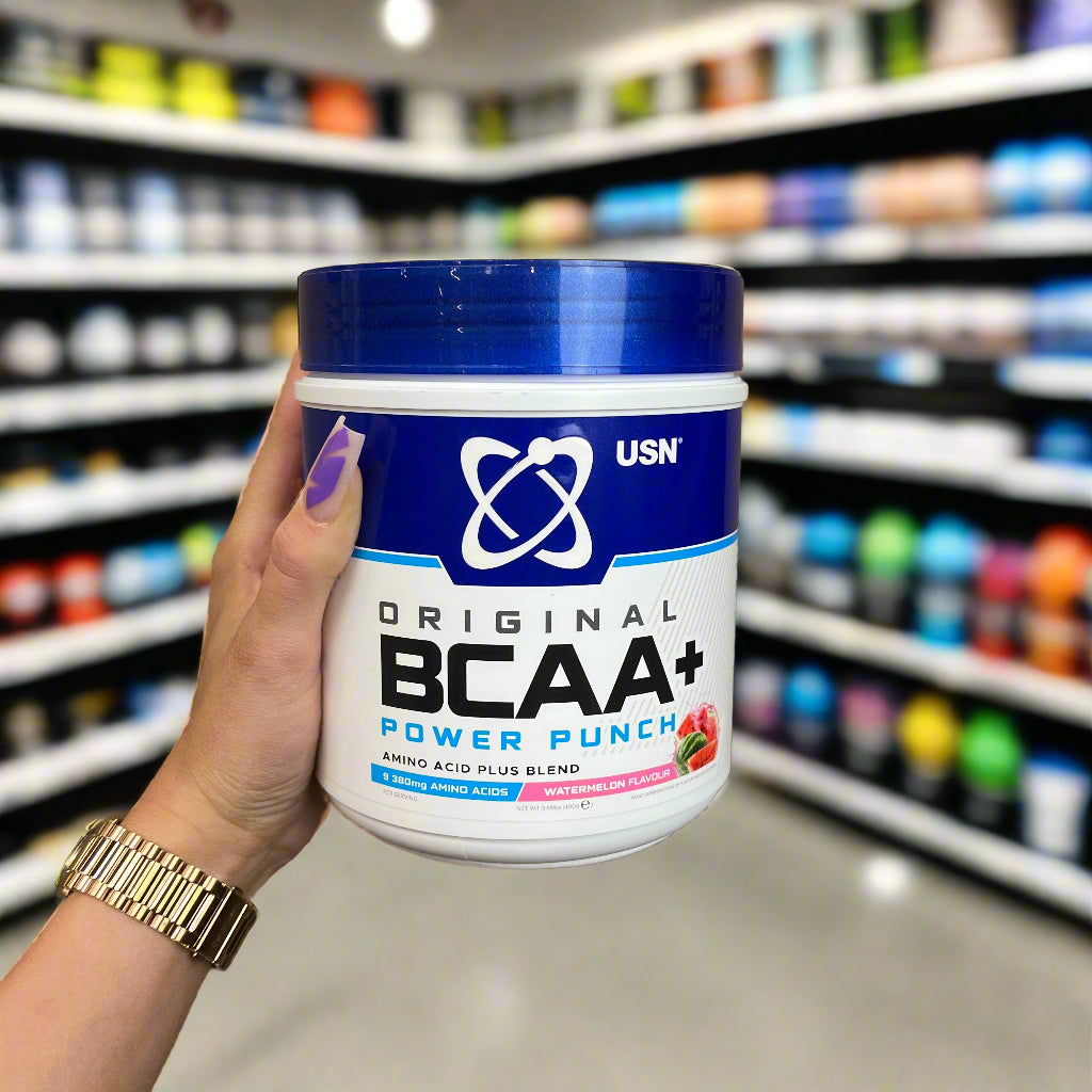 USN BCAA Power Punch tub in Watermelon flavor for muscle growth and protein synthesis