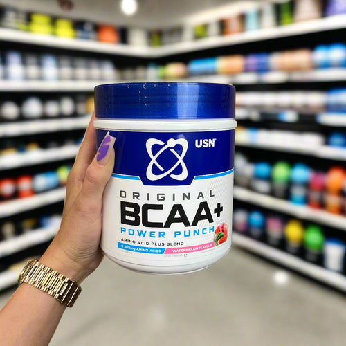 USN BCAA Power Punch tub in Watermelon flavor for muscle growth and protein synthesis