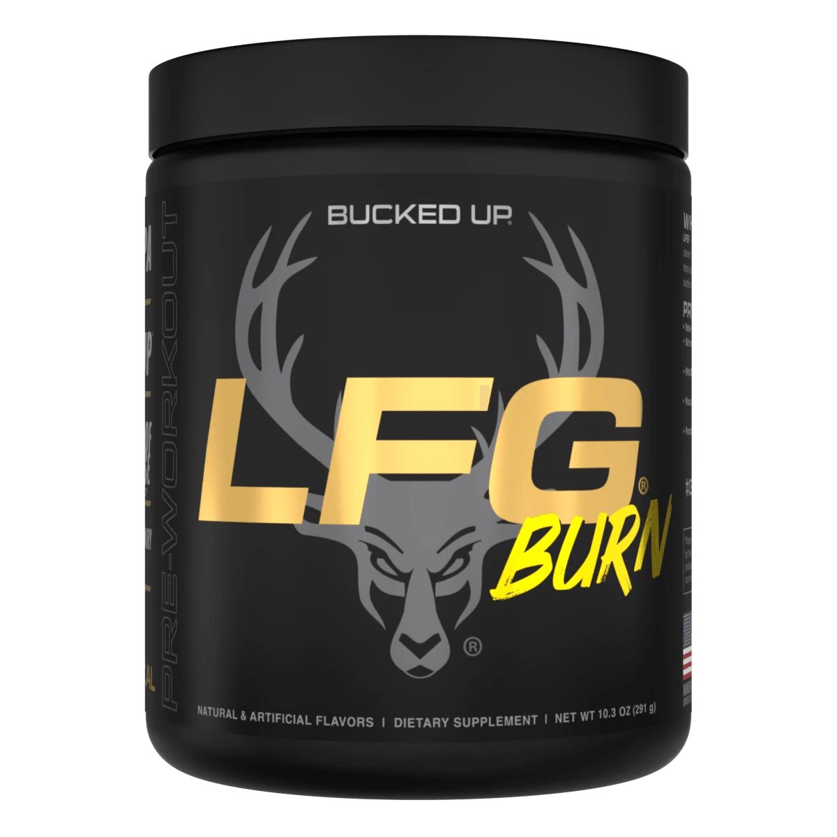 Black Bucked UP LFG BURN pre-workout with deer logo, transform stored fat, Himalayan salt, L-Carnitine Tartrate