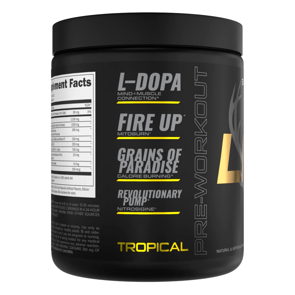 Black Bucked UP LFG pre-workout container with yellow accents for transforming stored fat