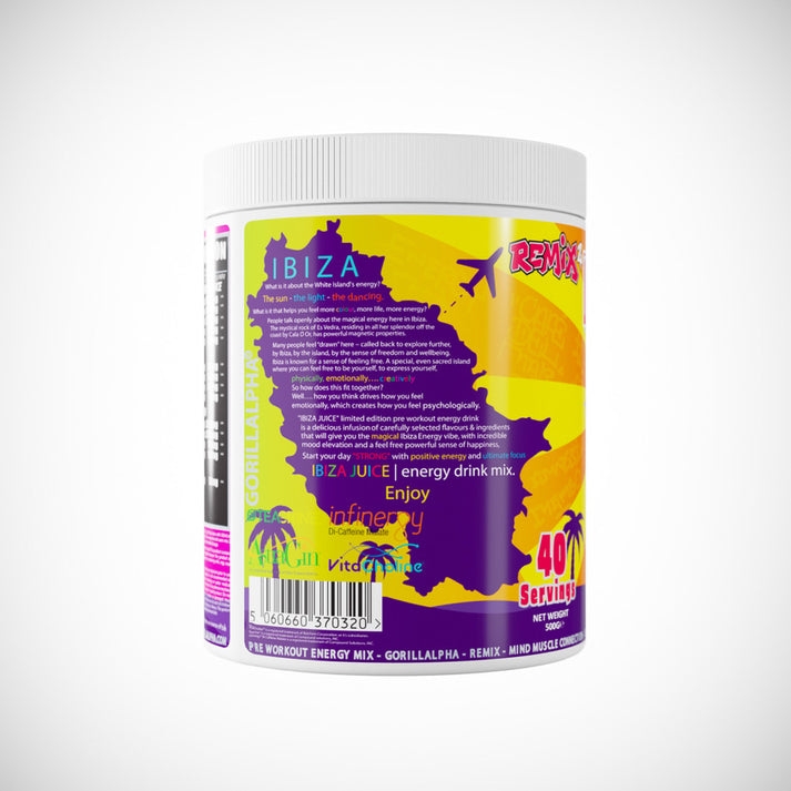 Pre-workout energy mix in white container with vibrant purple and yellow label for Gorillalpha Ibiza Juice Remix