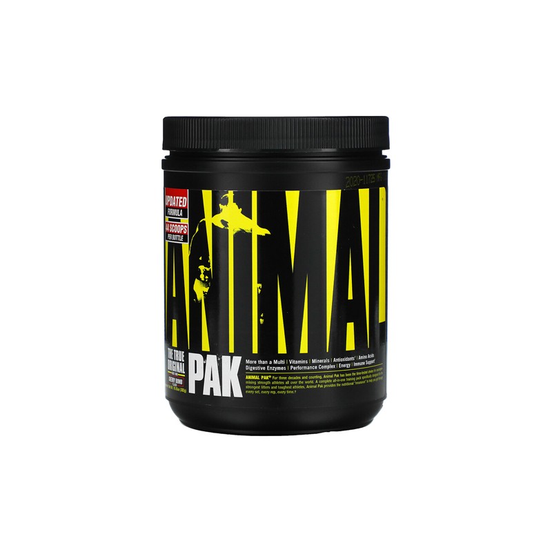 Black container of Animal Pak dietary supplement, a great-tasting powder for fitness fans