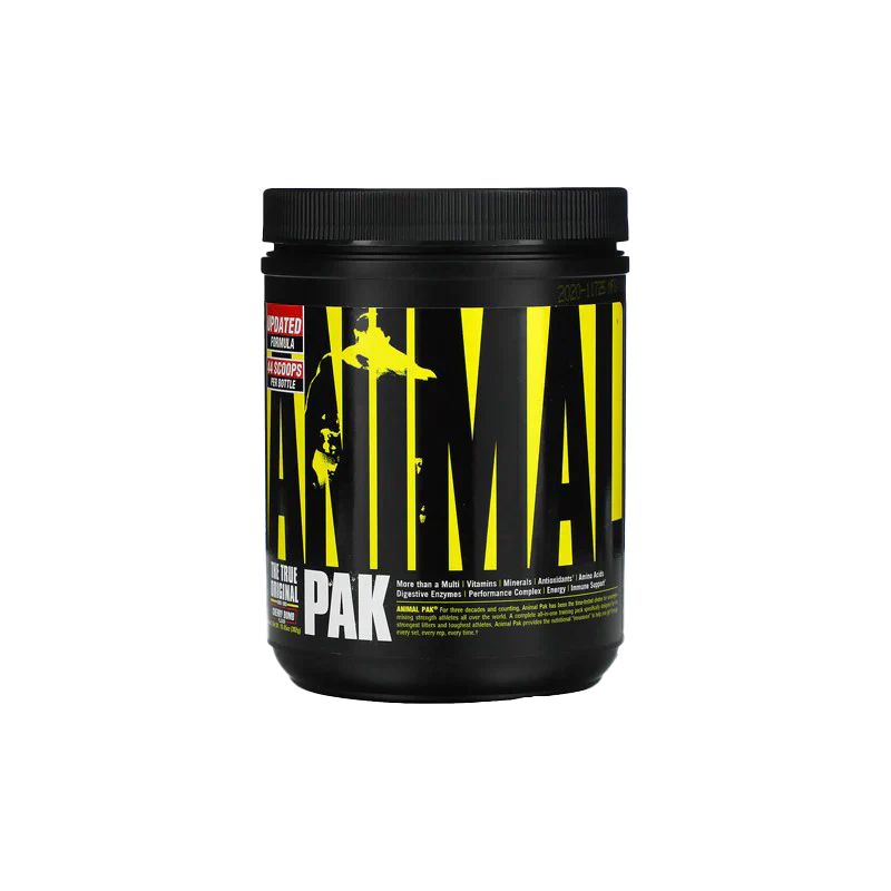 Animal Pak dietary supplement container in black and yellow, great-tasting powder for health