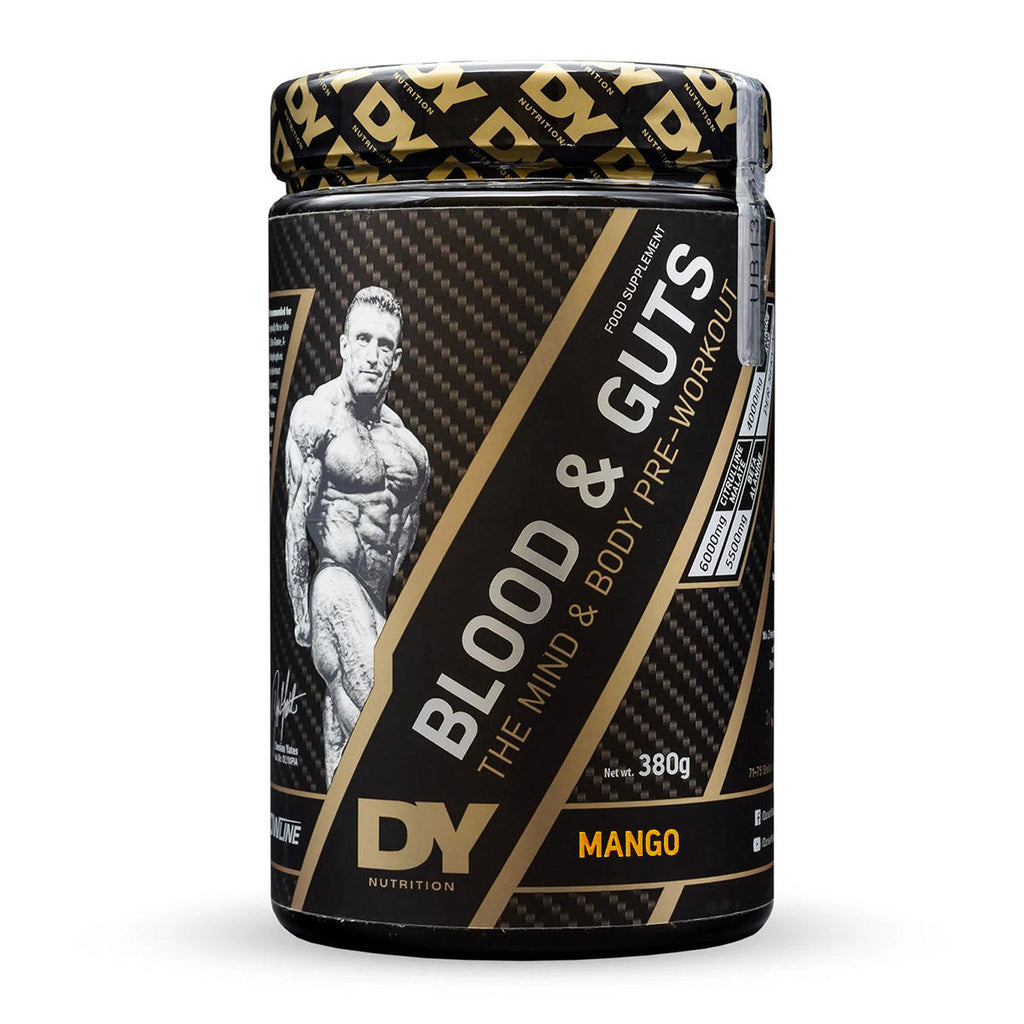 Black and gold DY Nutrition Blood And Guts pre workout supplement jar with bodybuilder image