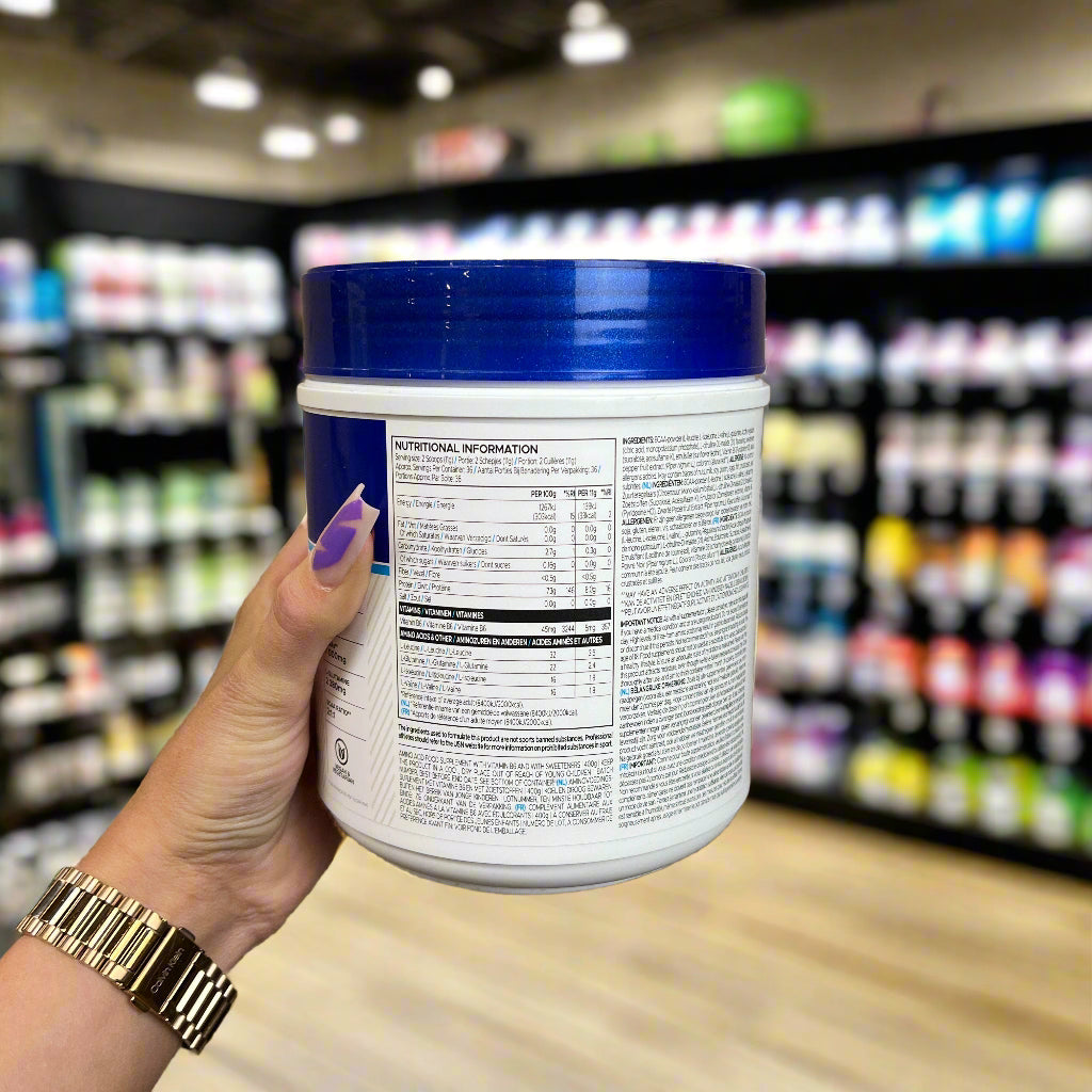 USN BCAA Power Punch tub with nutritional info promoting muscle growth and protein synthesis