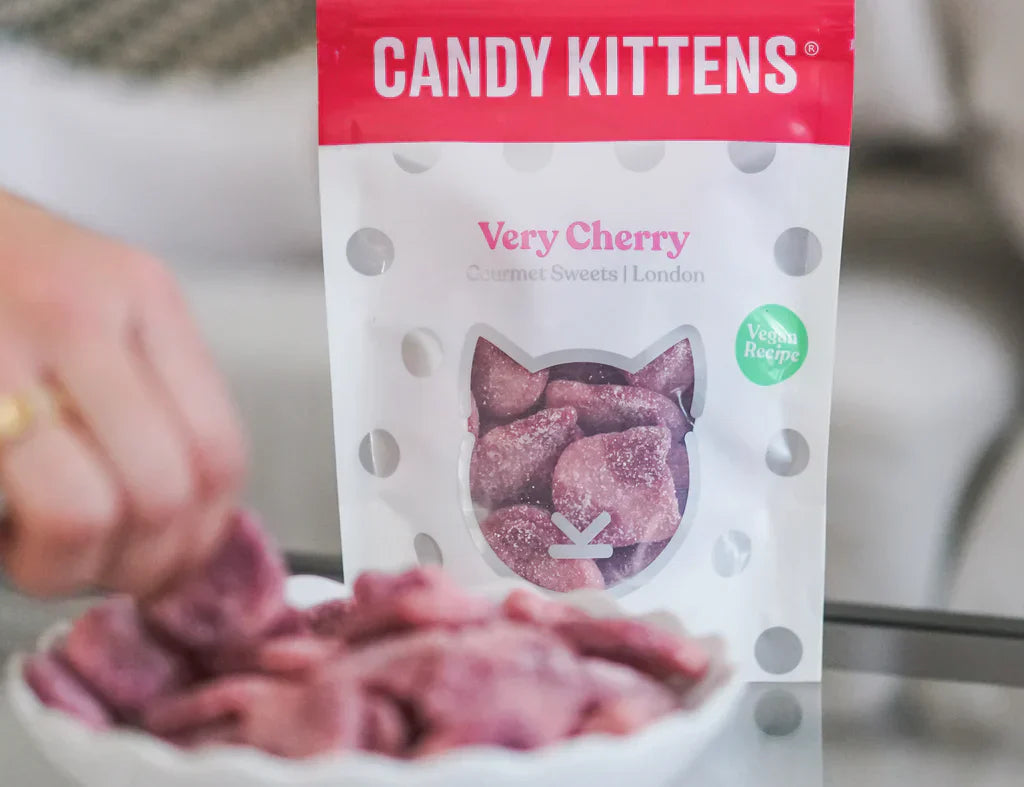 Candy Kittens Very Cherry vegan gummy candies in Candy Kittens 10x140g Wanderlust bag