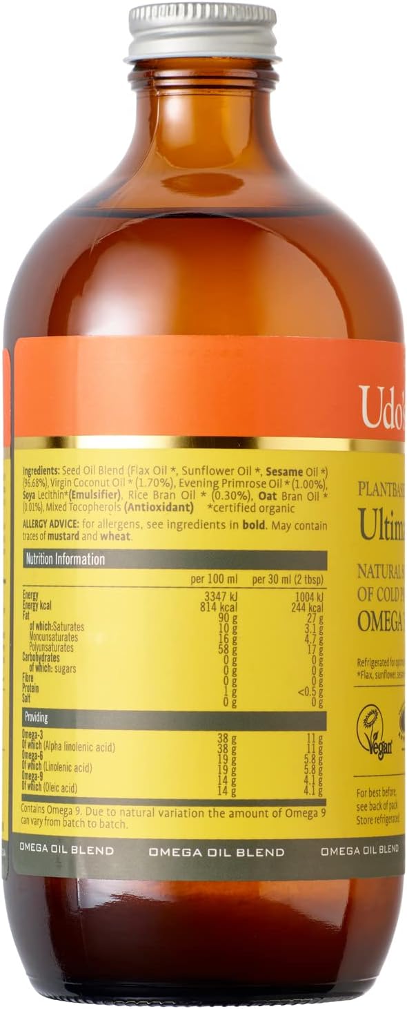 Amber glass bottle of Udo’s Choice Ultimate Oil Blend with essential fatty acids
