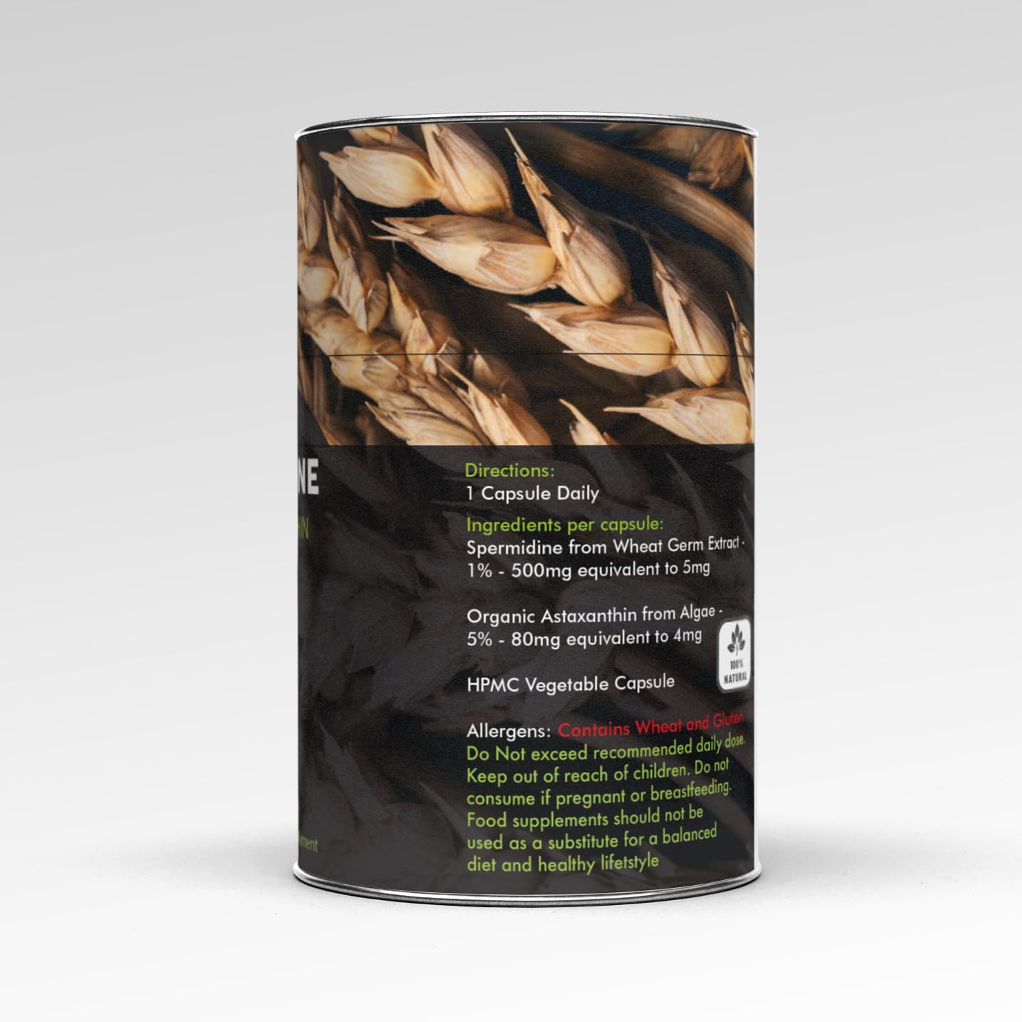 Cylindrical container of Feel Supreme Premium Spermidine & Astaxanthin Complex supplement for cellular health
