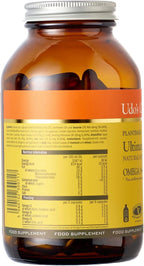 Brown glass bottle with dark capsules, Udo’s Choice Ultimate Oil Blend Caps label