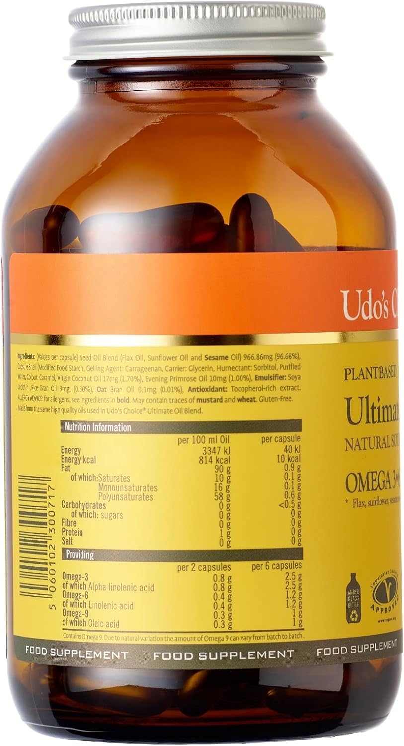 Amber glass bottle of Udo’s Choice Ultimate Oil Blend Caps with silver cap