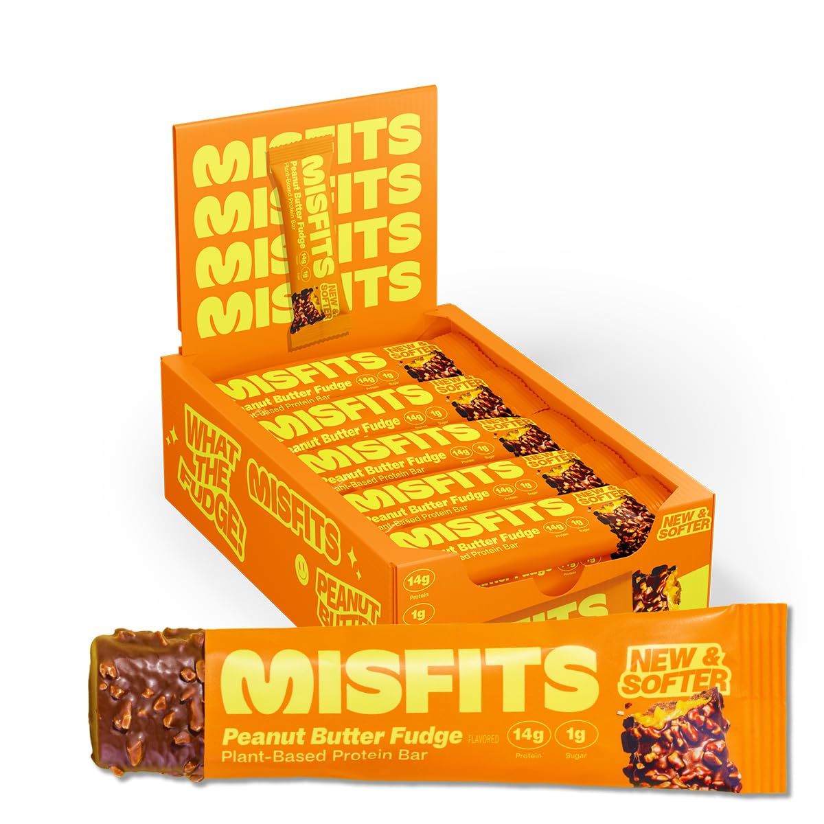 Display of Misfits Plant-Based Protein Bar with orange packaging and fudge flavor