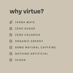Virtue Clean Energy Yerba Mate showing benefits and ingredients of this natural caffeine drink