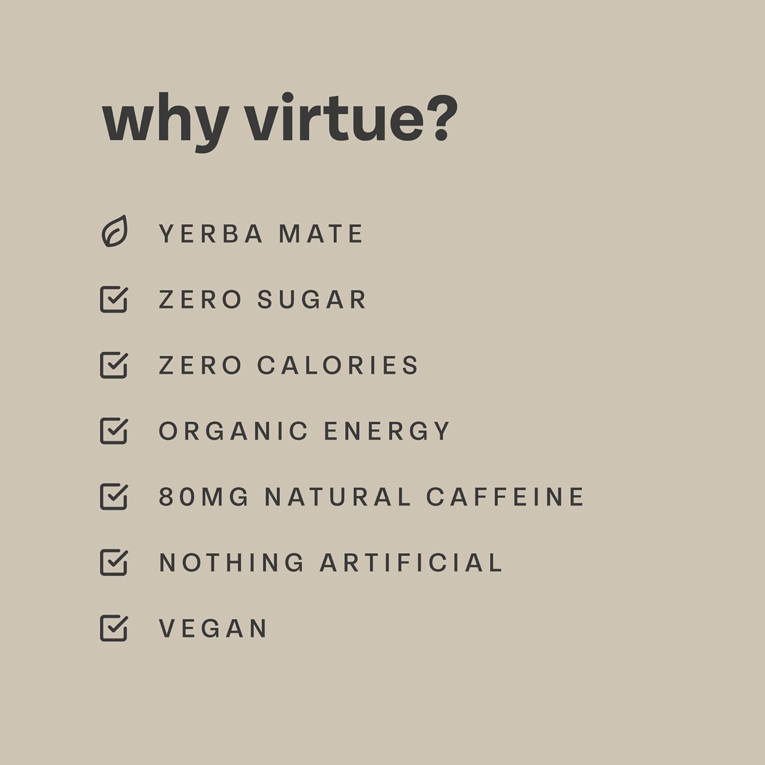 Virtue Clean Energy Yerba Mate showing benefits and ingredients of this natural caffeine drink