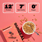 Surreal Protein Cereal box with a bowl of cinnamon high-protein cereal and spoon