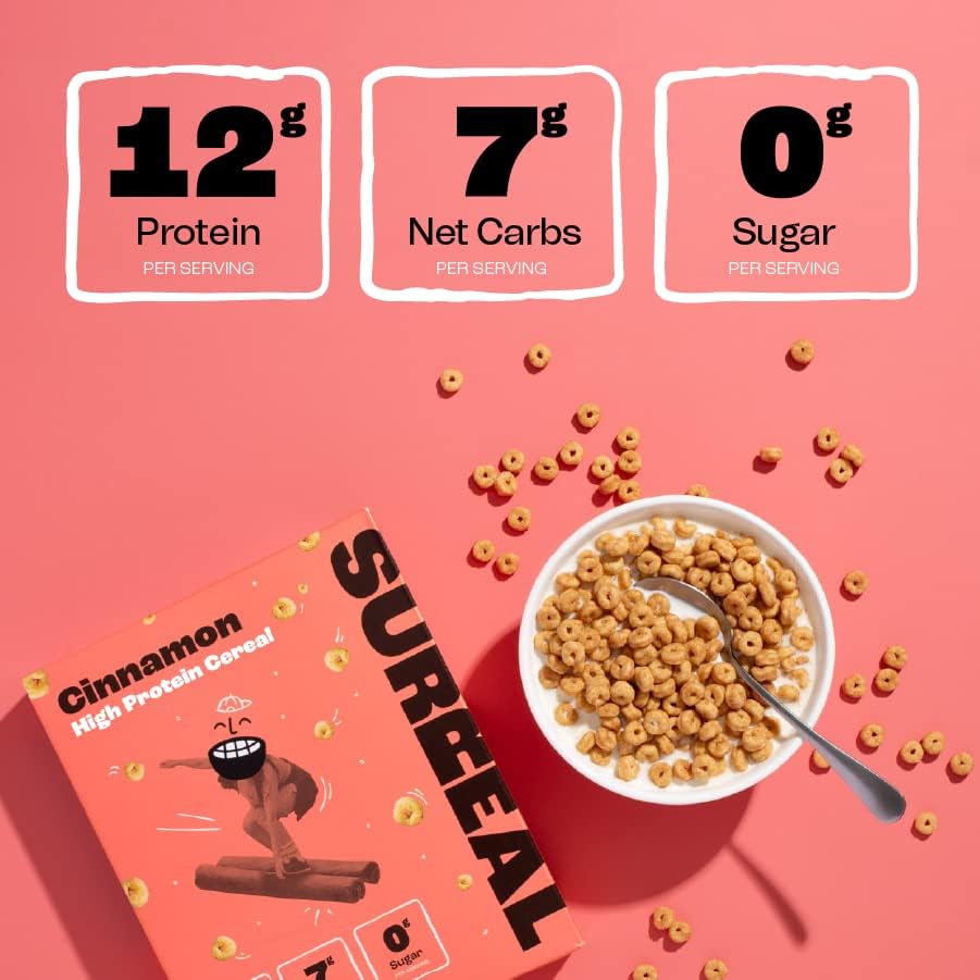 Surreal Protein Cereal box with a bowl of cinnamon high-protein cereal and spoon