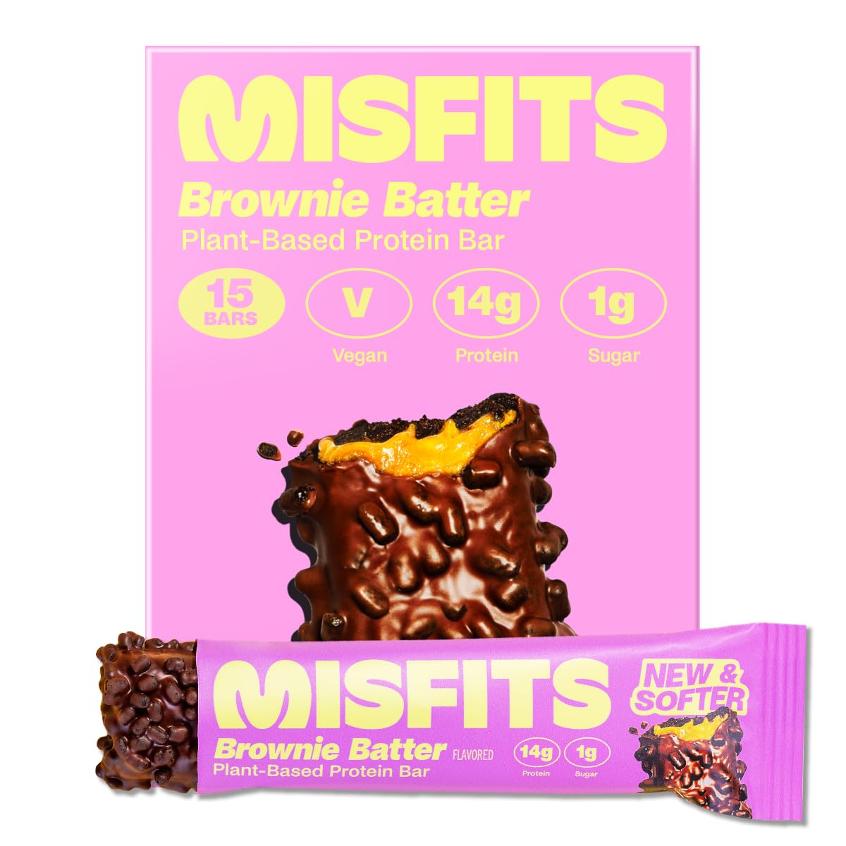 Misfits Plant-Based Protein Bar with vegan brownie batter flavor and plant-based protein