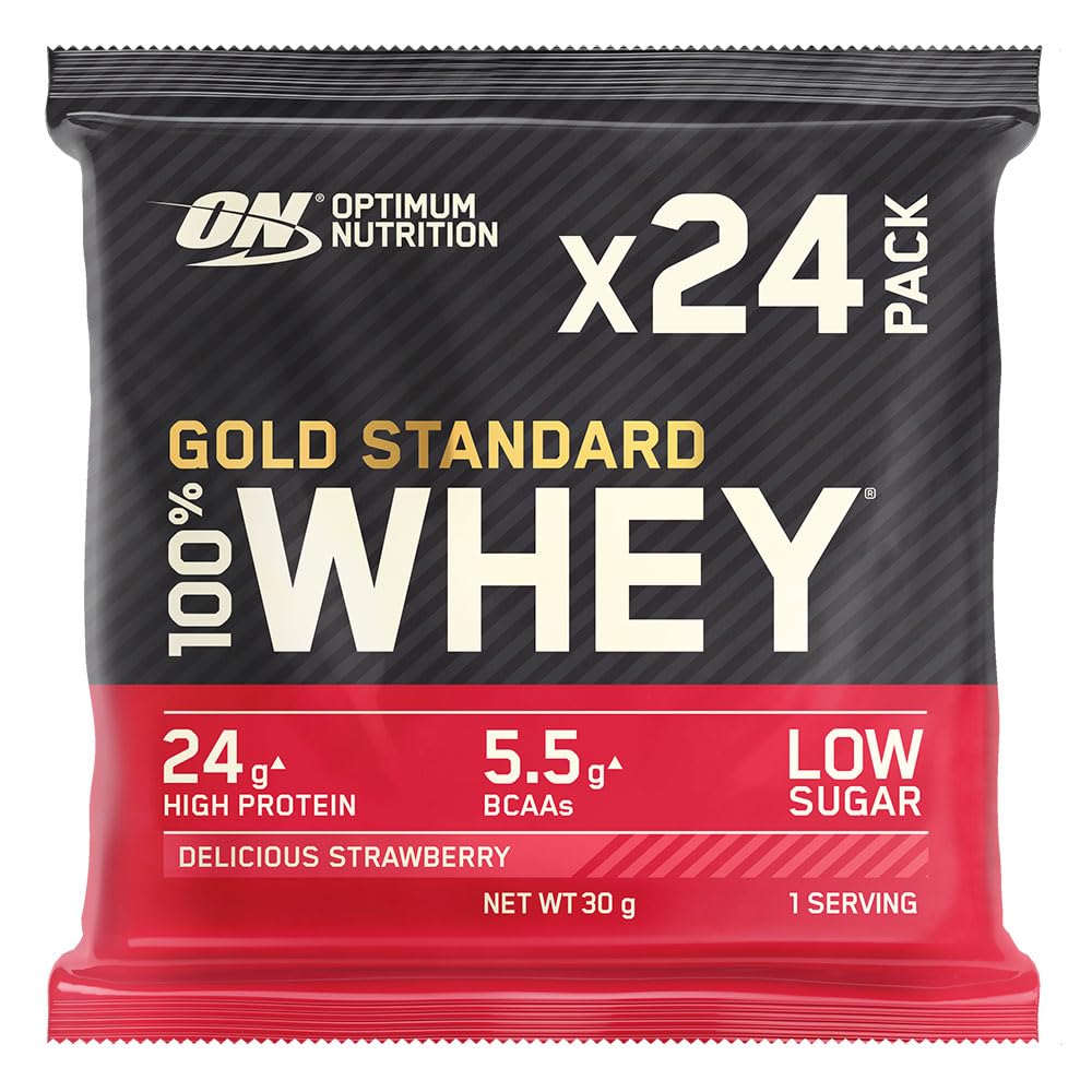 Single-serving pouch of strawberry whey protein powder from Optimum Nutrition Gold Standard for fitness goals