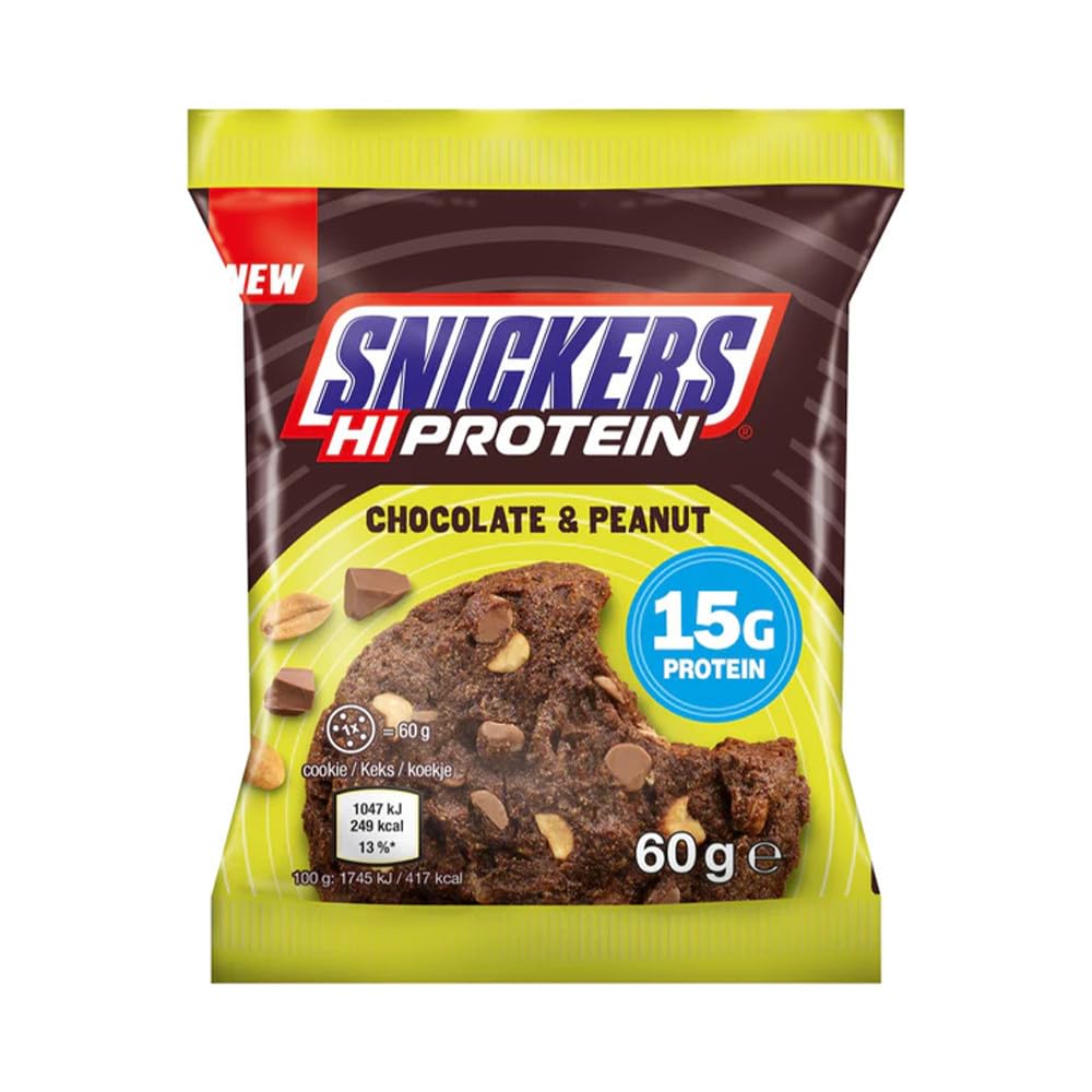 Snickers Hi Protein Cookie with chocolate chips and a chocolate and peanut flavor