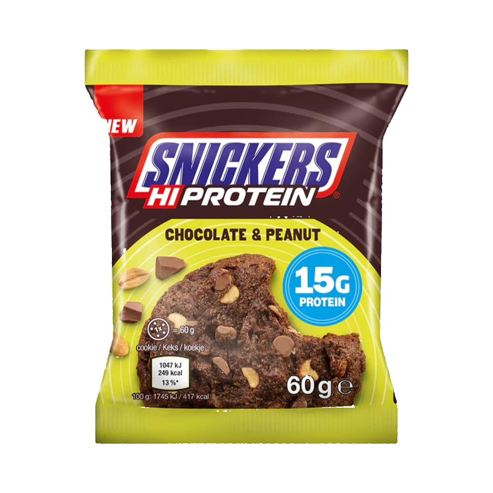 Snickers Hi Protein chocolate and peanut snack package on a white background