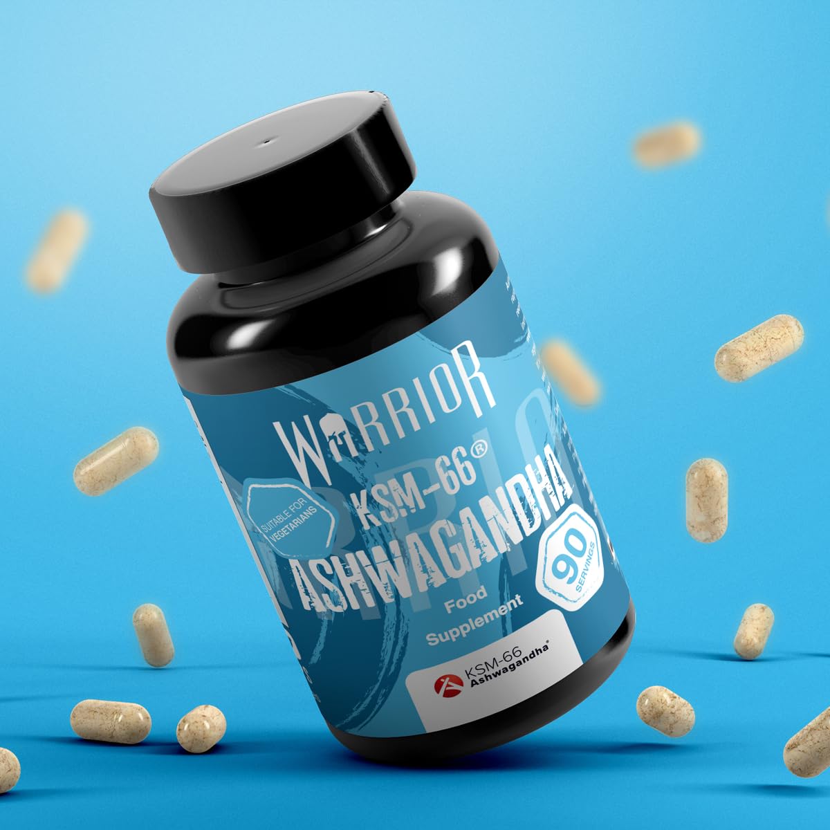 Black plastic bottle of Warrior Ashwagandha with KSM-66 for enhanced energy levels