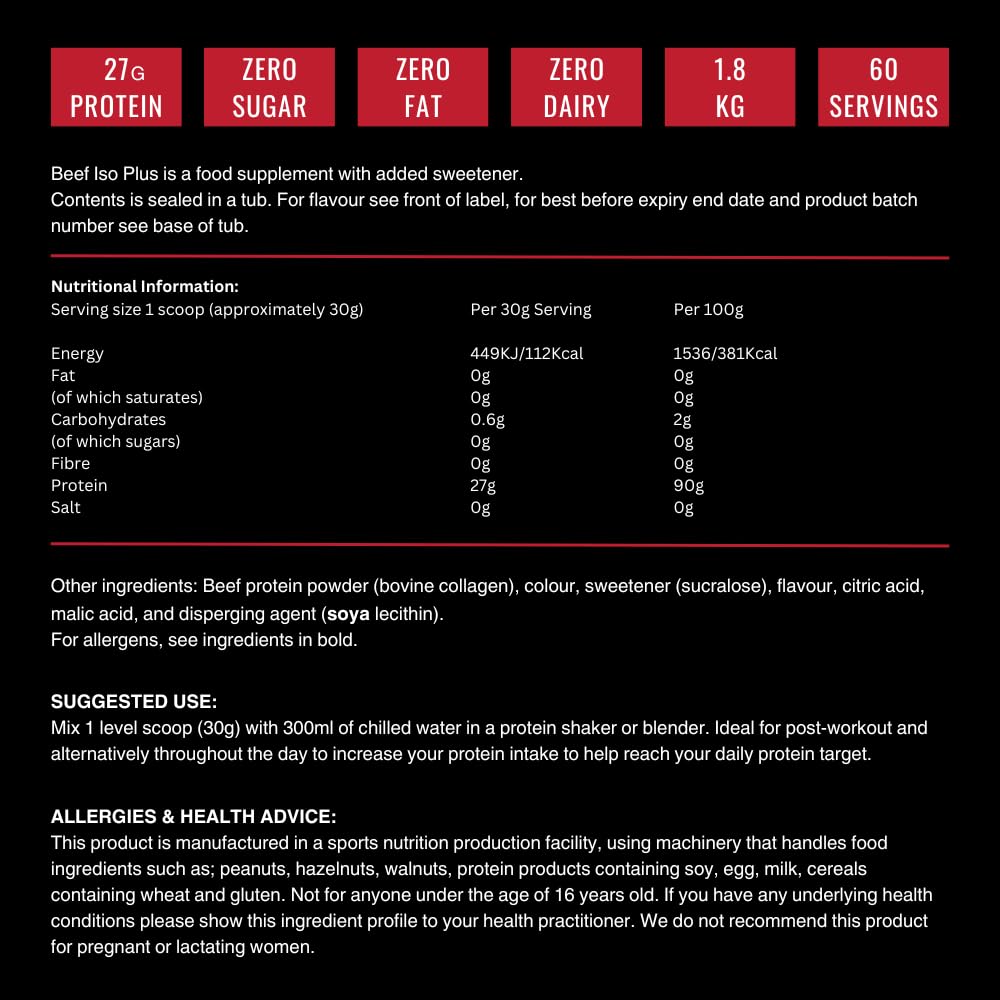 Product label for Outangled Beef Iso Plus beef protein isolate supplement