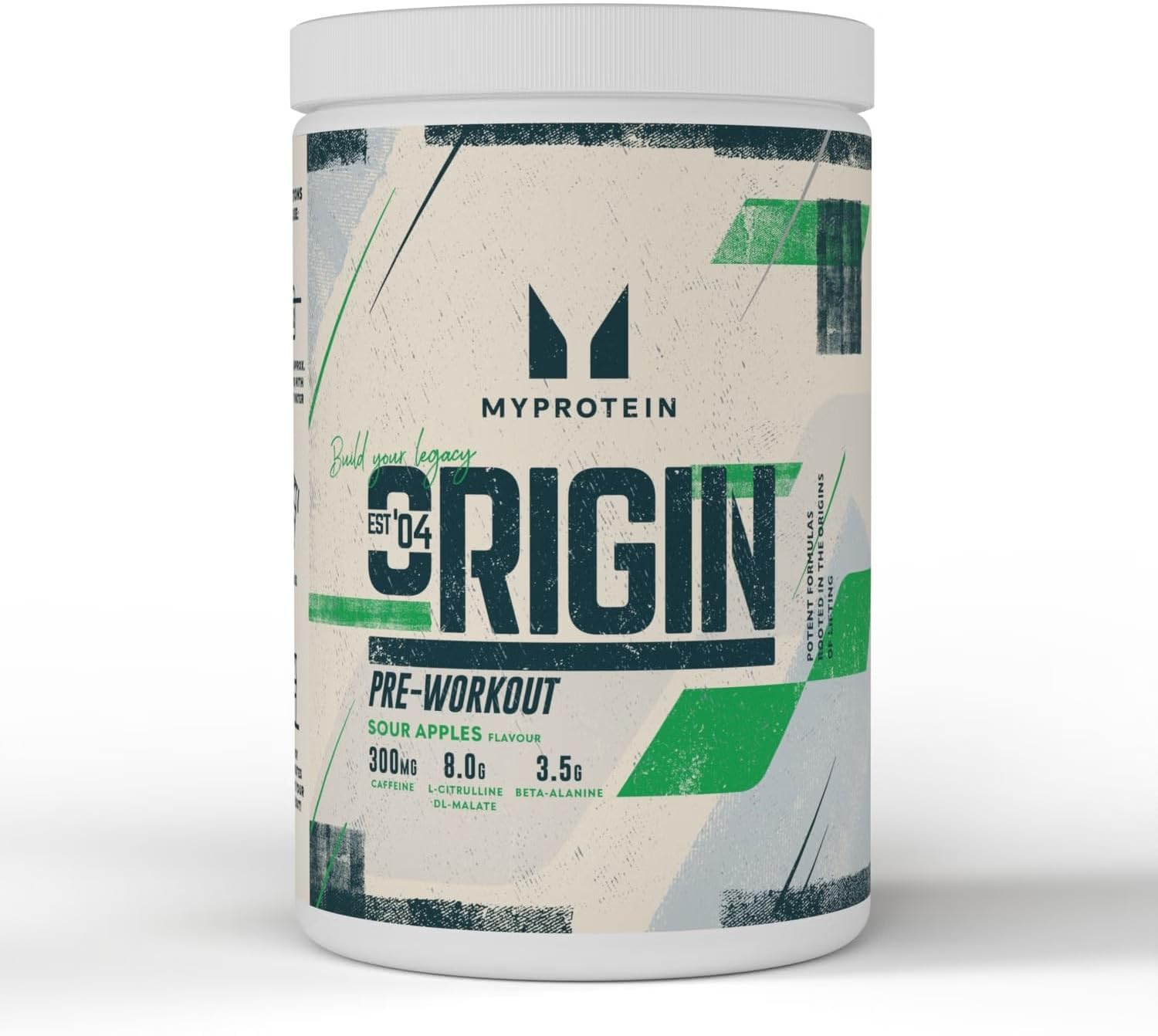White and green MyProtein Origin Pre-Workout container with citrulline malate and beta alanine