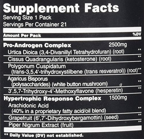 Animal Test formula nutrition facts panel with pro-androgen complex and arachidonic acid