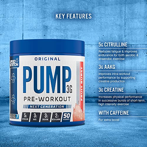 Blue and white Applied Nutrition Pump 3G pre-workout supplement tub for energy