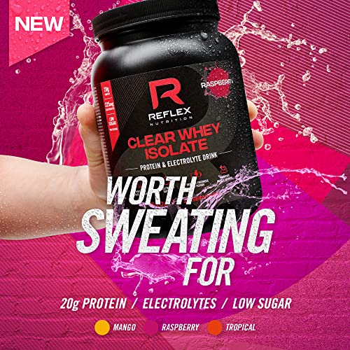 Black tub of Reflex Nutrition Clear Whey Isolate raspberry flavored drink, high quality clear whey