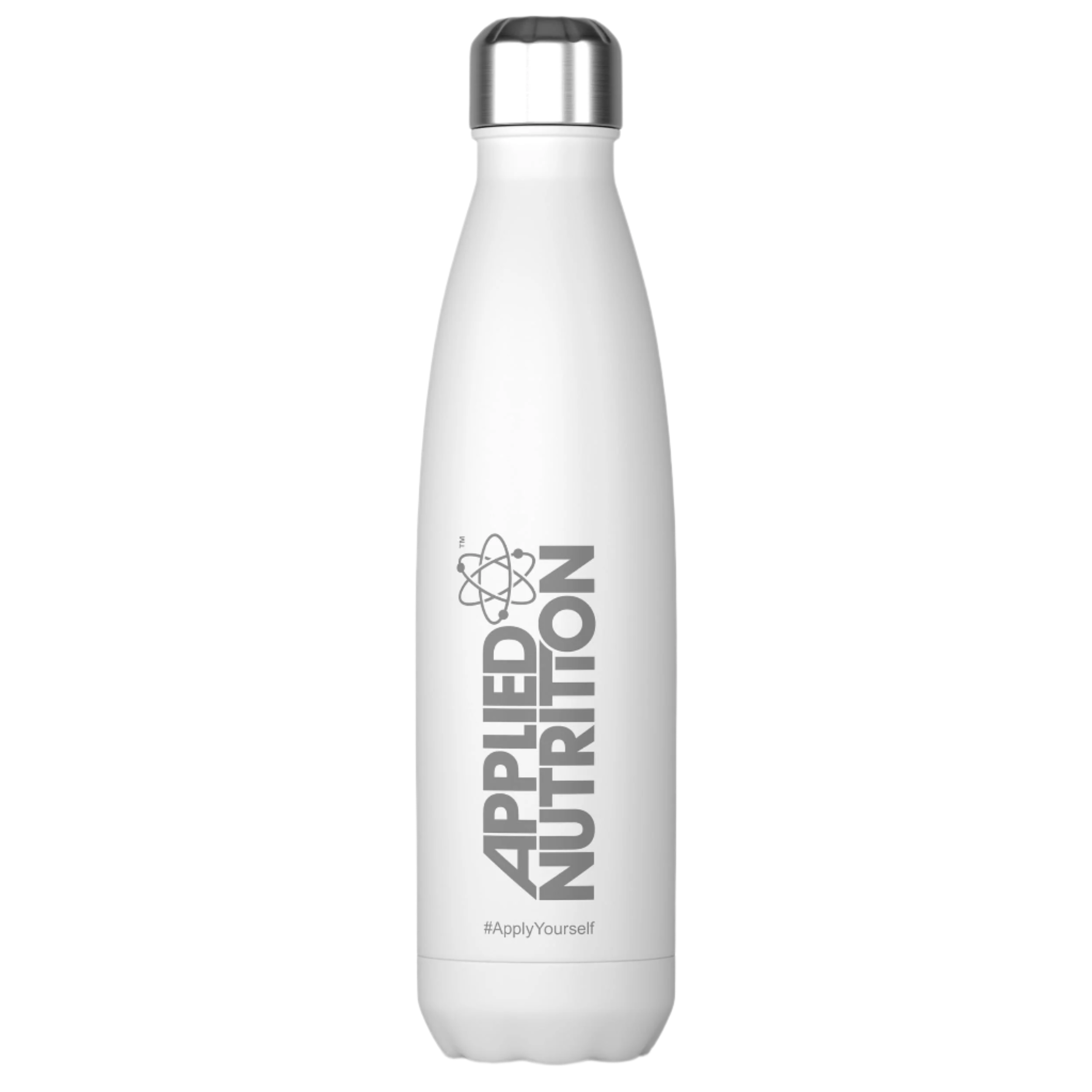 White Applied Nutrition Flask with 500ml capacity and stainless steel leak-proof lid