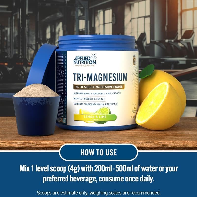 Blue tub of Applied Nutrition Tri-Magnesium Powder for restful sleep and magnesium bisglycinate